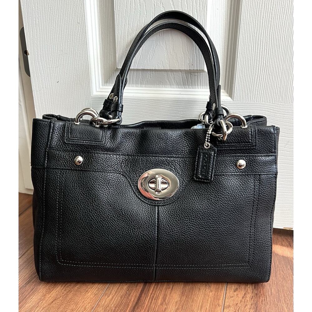 COACH Penelope Black Pebbled Leather Kiss-Lock Shopper Tote Satchel Purse Bag